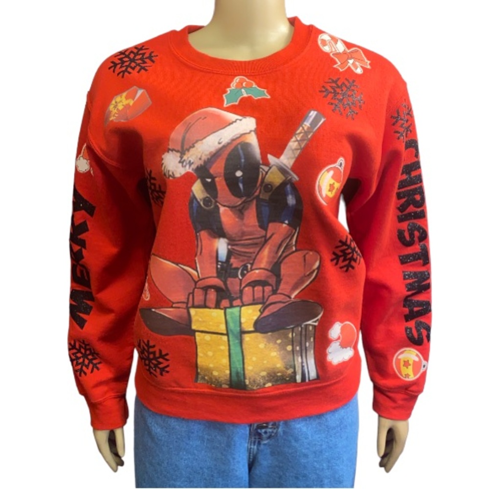 Marvel Deadpool Ugly Christmas Sweatshirt glittery Christmas spell out size S
